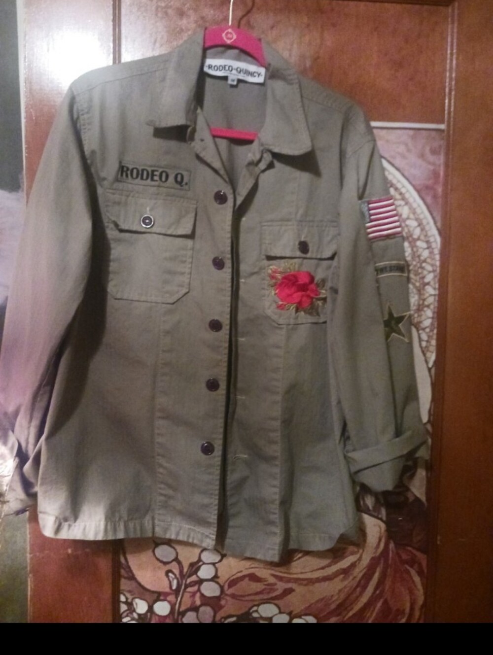 Women's Olive Military Jacket with Embroidered Rose Med New
